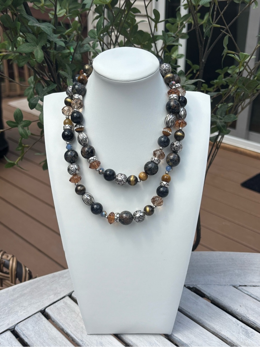 Layered Brown and Black Beaded Necklace with Mixed Metallic Accents